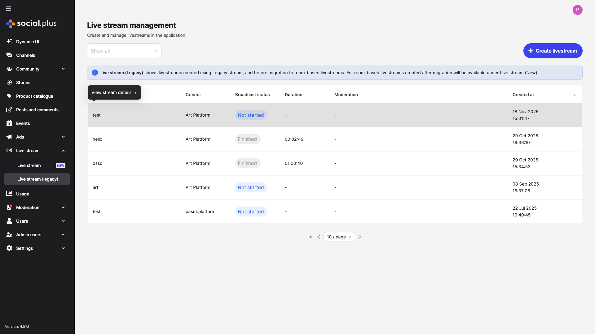 Live Stream Management (Legacy) - social.plus