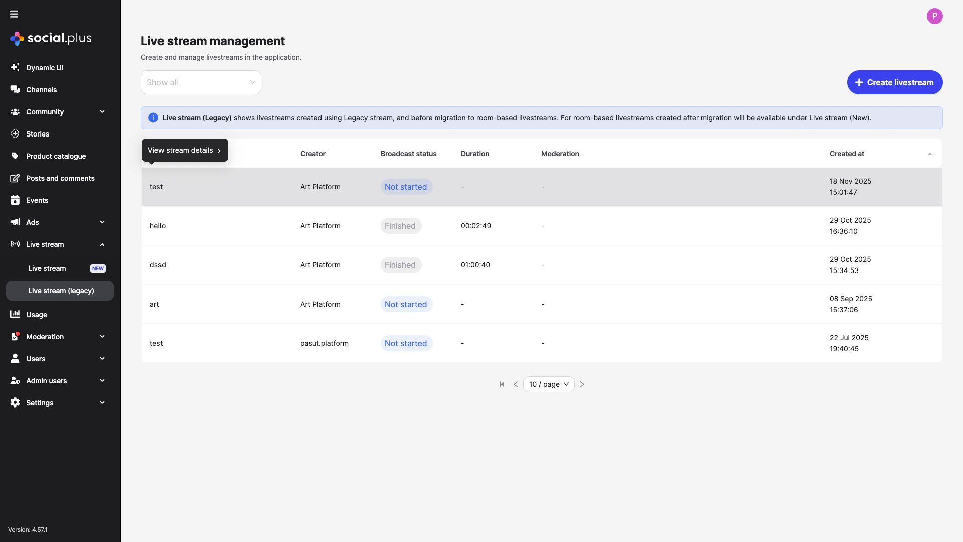 Live Stream Management (Legacy) Dashboard