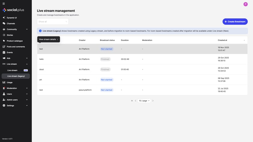 Stream Management Program Live Stream Management (Legacy) - social.plus