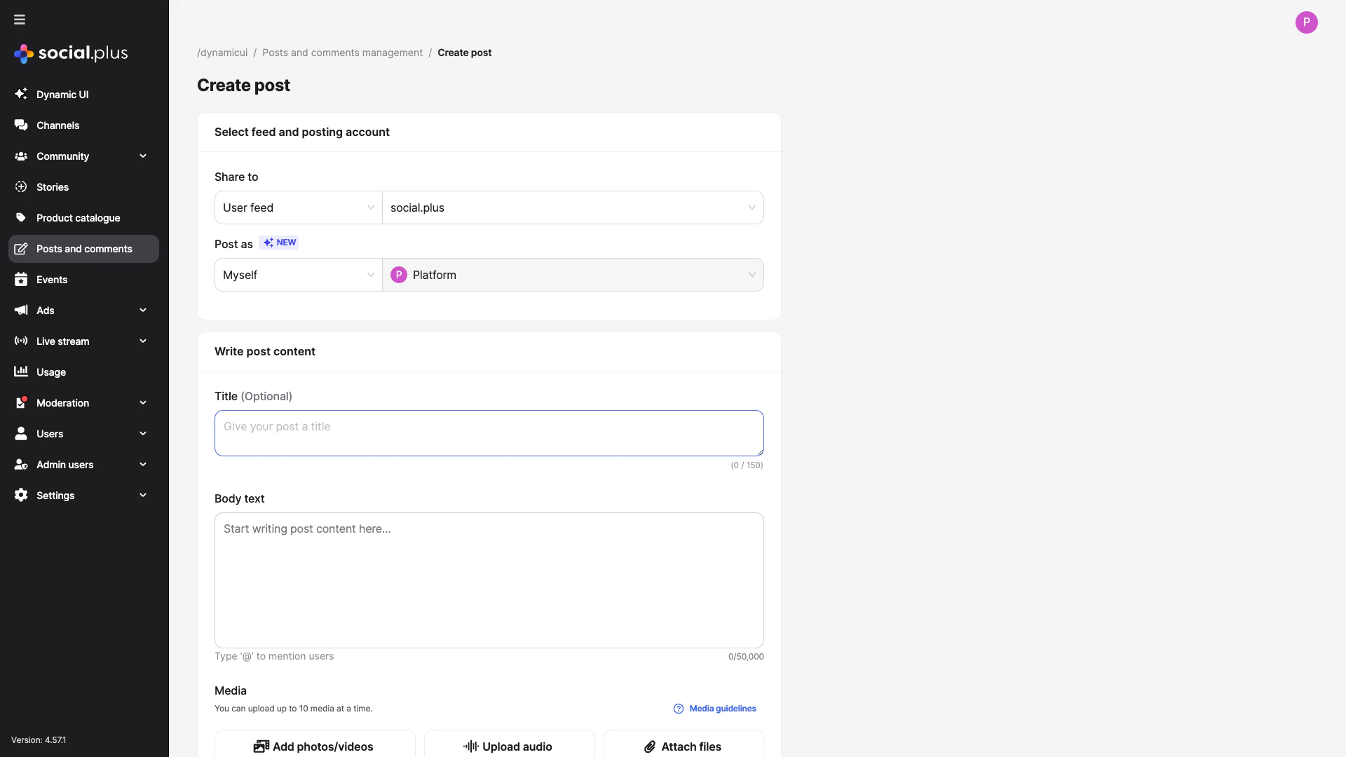 Admin Console — Create post form