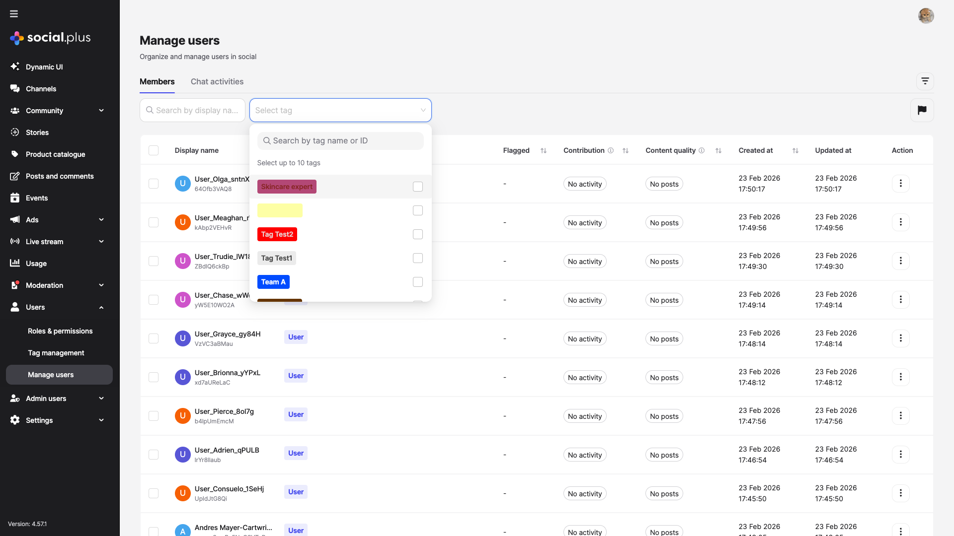 Manage Users page with tag filter dropdown showing available tags