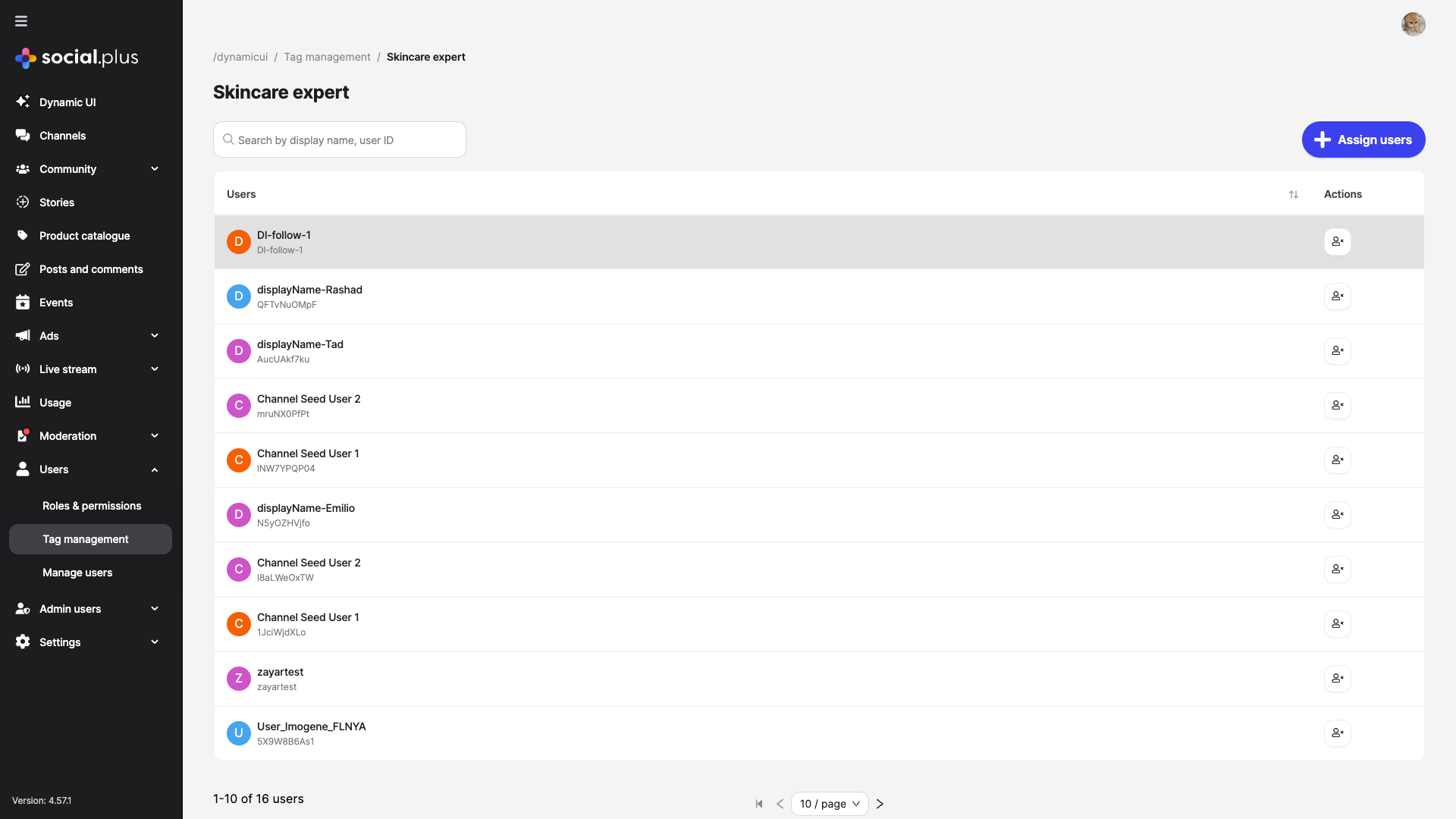 Tag detail page showing assigned users with search, assign, and remove capabilities
