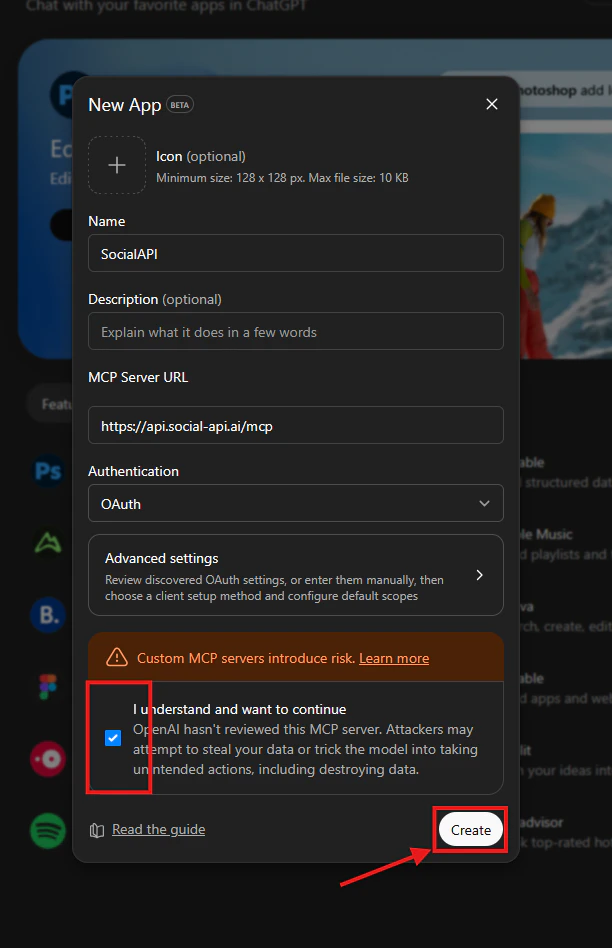 ChatGPT create connector dialog