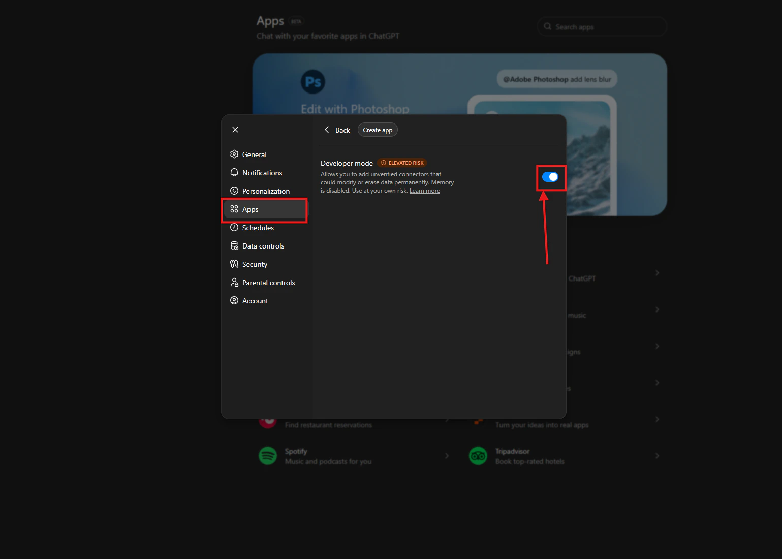 ChatGPT Apps & Connectors advanced settings