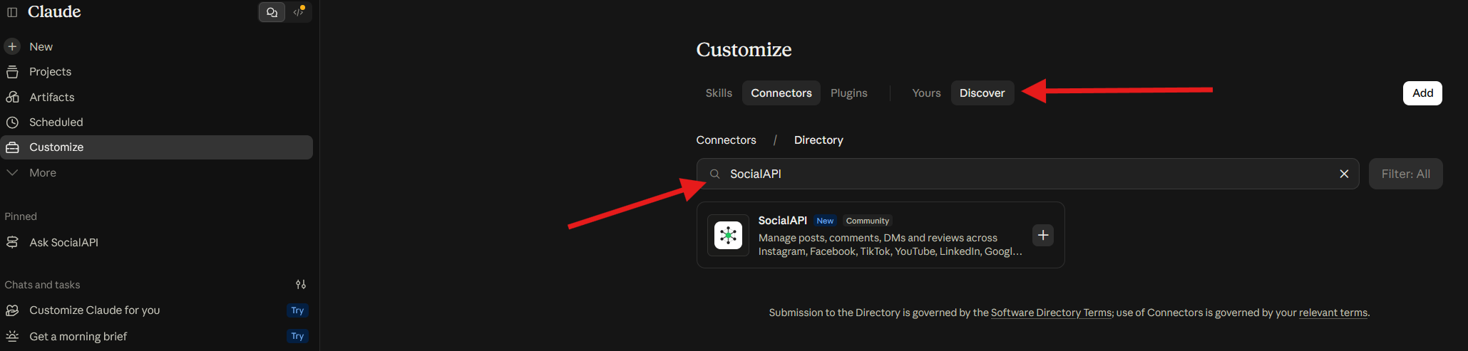 SocialAPI connector in the Claude connectors directory