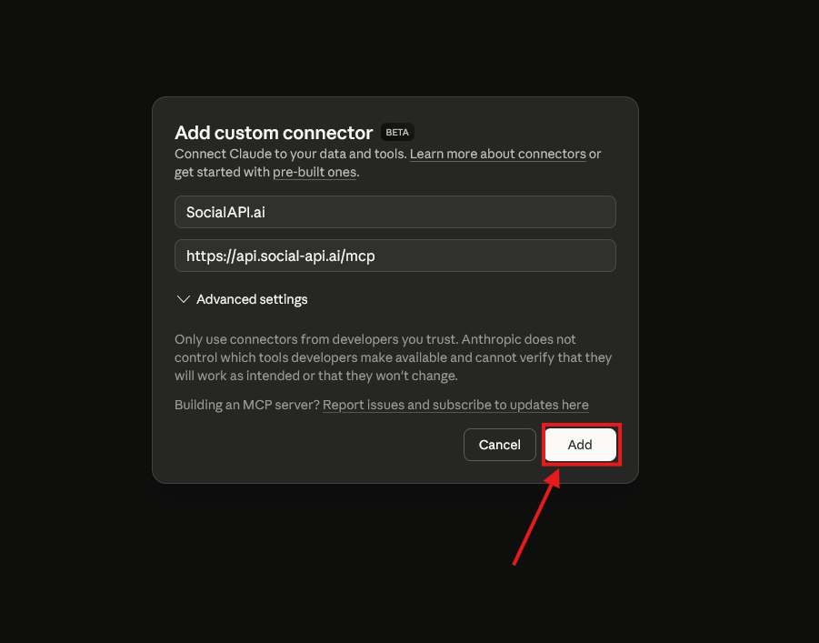 Add custom connector dialog in Claude