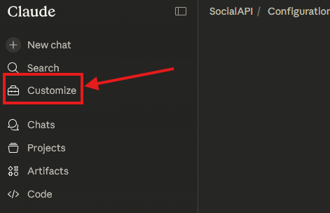 Claude left sidebar with the Customize item highlighted