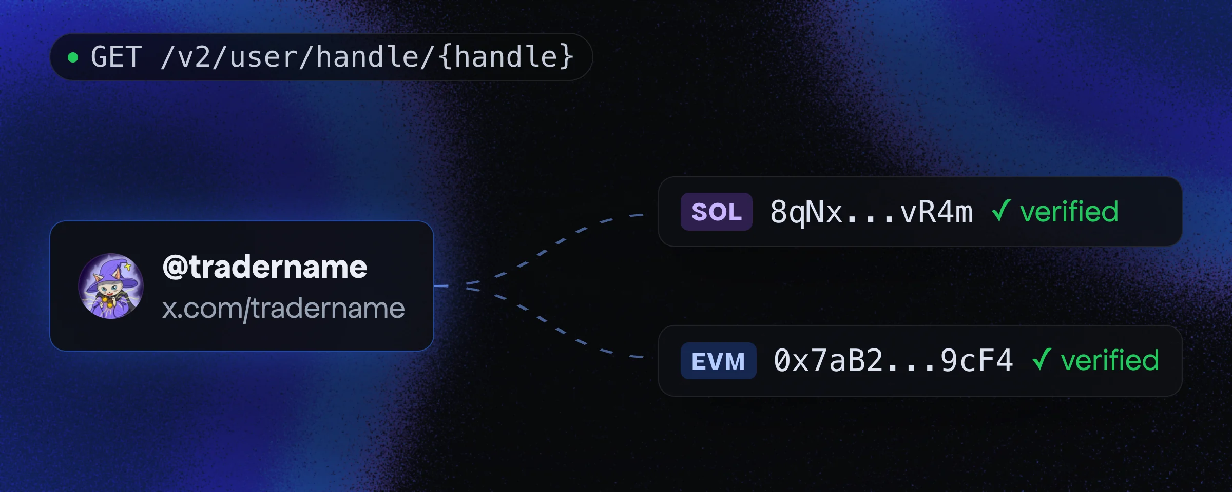 GET /v2/user/handle/{handle} resolves the fictional handle @tradername to a verified Solana wallet and a verified EVM wallet, shown as fictional shortened sample strings 8qNx...vR4m and 0x7aB2...9cF4