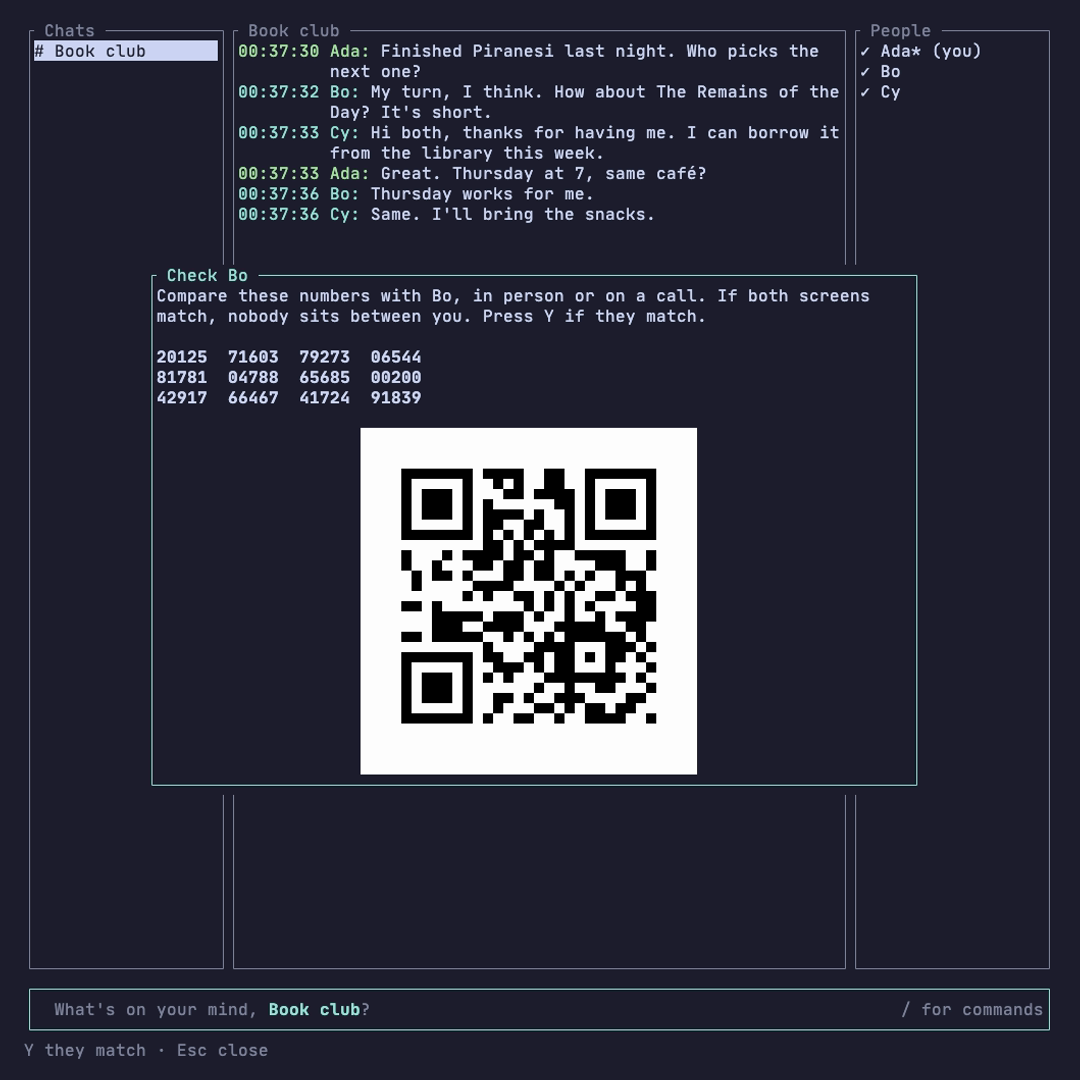 Two chat screens side by side, each showing the same 60-digit safety number and QR code.