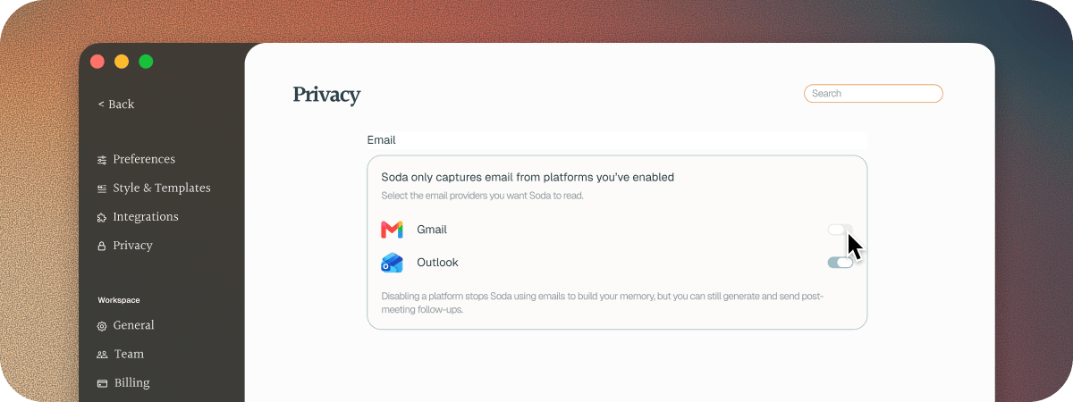 Stop Soda Using My Emails To Build Memory But Keep The Integration Active So It Can Still Sent Follow Up Emails After Meetings