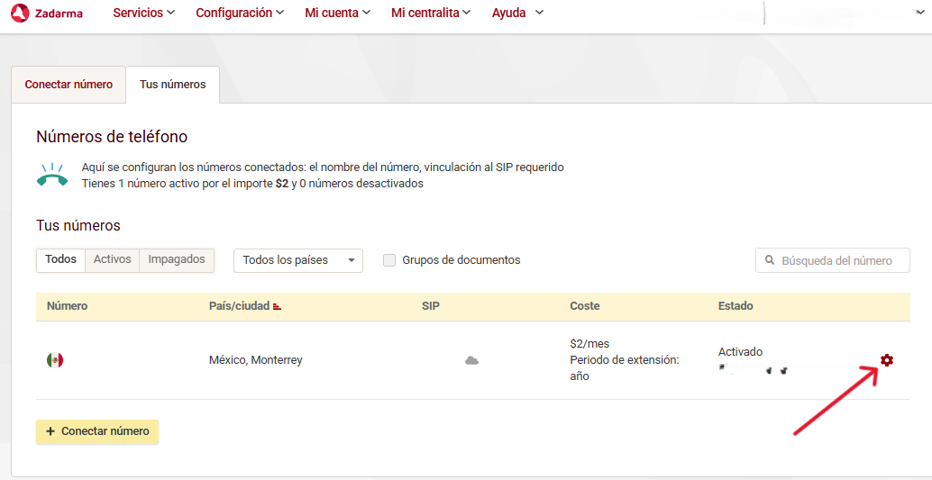 Botão de Configurações Zadarma