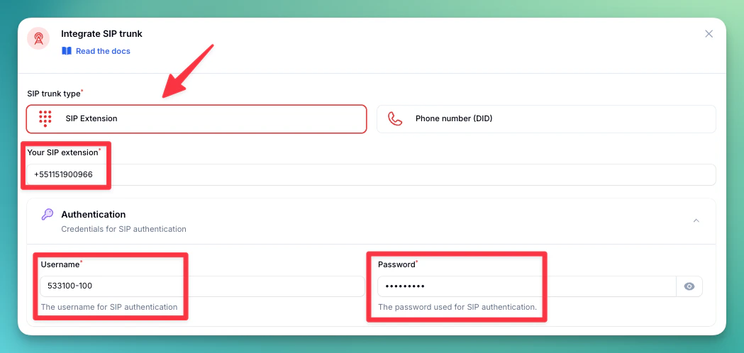 Credenciais da extensão PBX