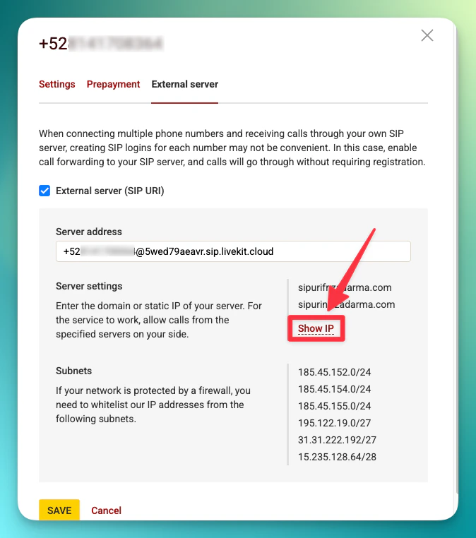 Botão Mostrar IP do PBX Zadarma
