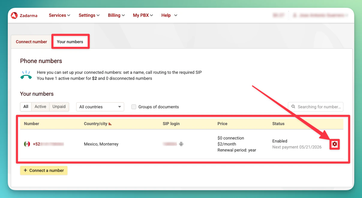 Ícone da engrenagem dos números telefônicos virtuais do Zadarma