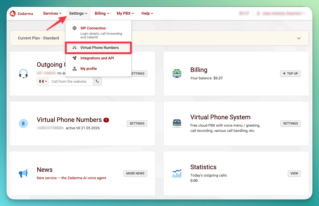 Configurações de números telefônicos virtuais do Zadarma