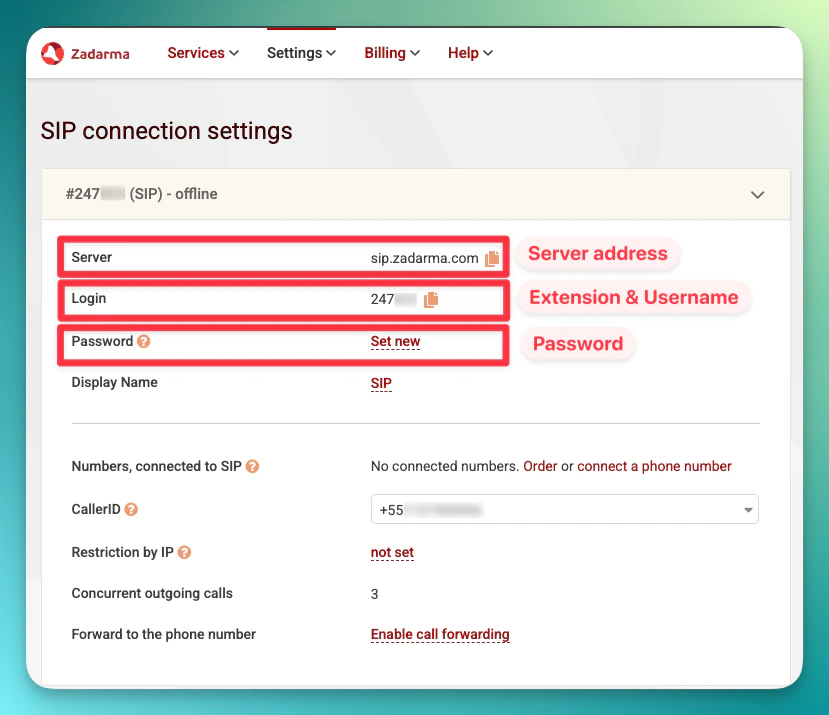 Configurações de Conexão SIP do Zadarma