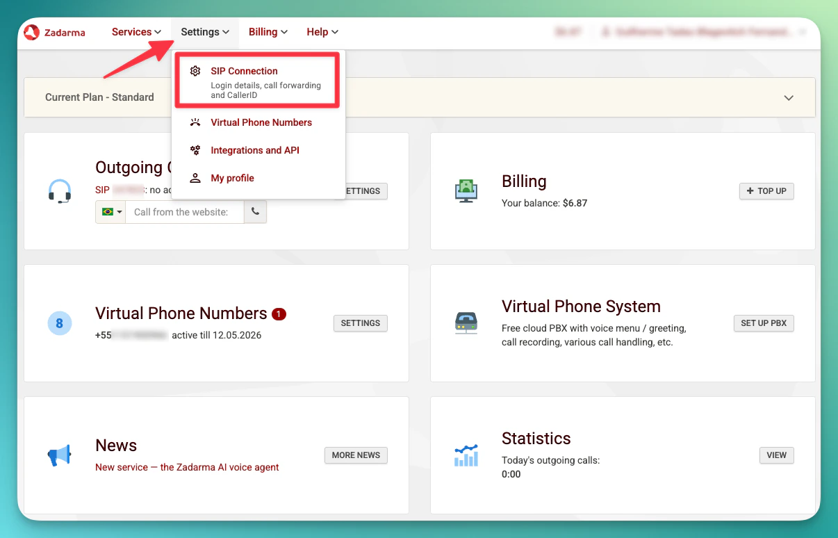 Configurações SIP do Zadarma