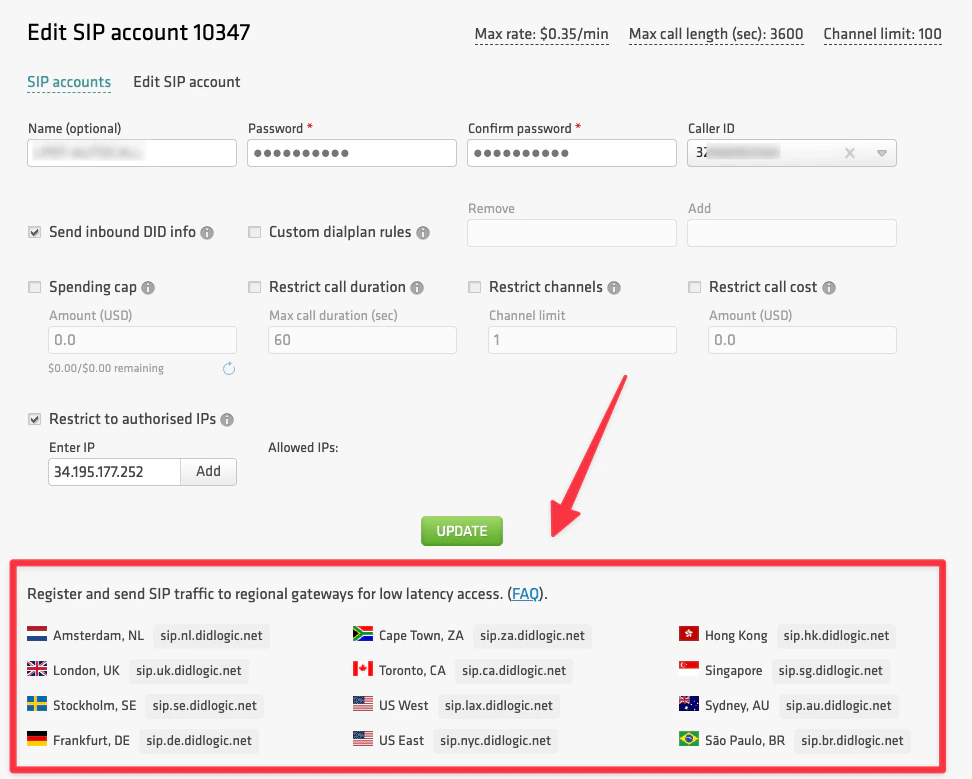 Seleção de SIP URI regional do DIDLogic