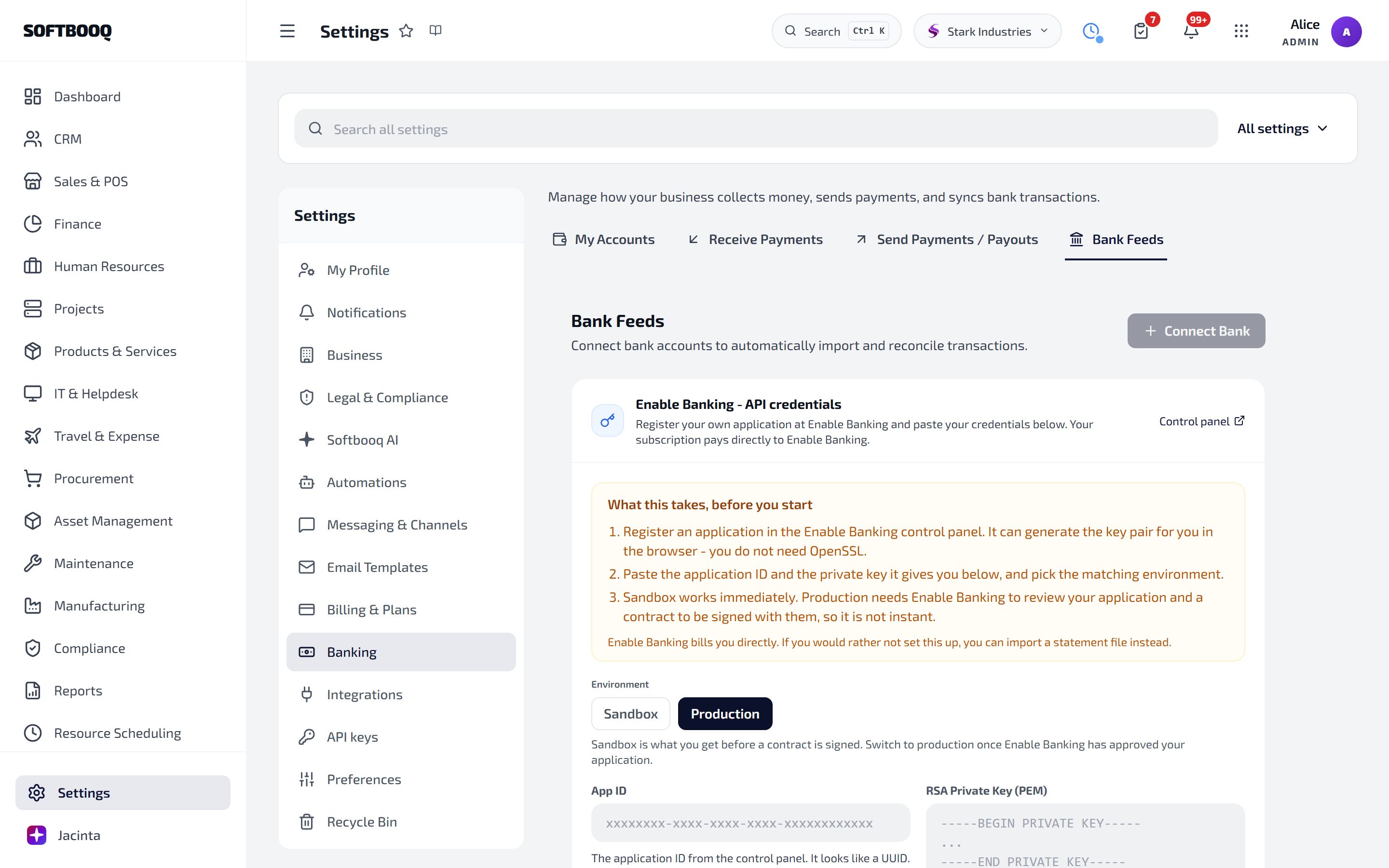 Settings, Banking, Bank Feeds: the Enable Banking API credentials card with its three setup steps, the Sandbox and Production choice, and the App ID and RSA Private Key fields