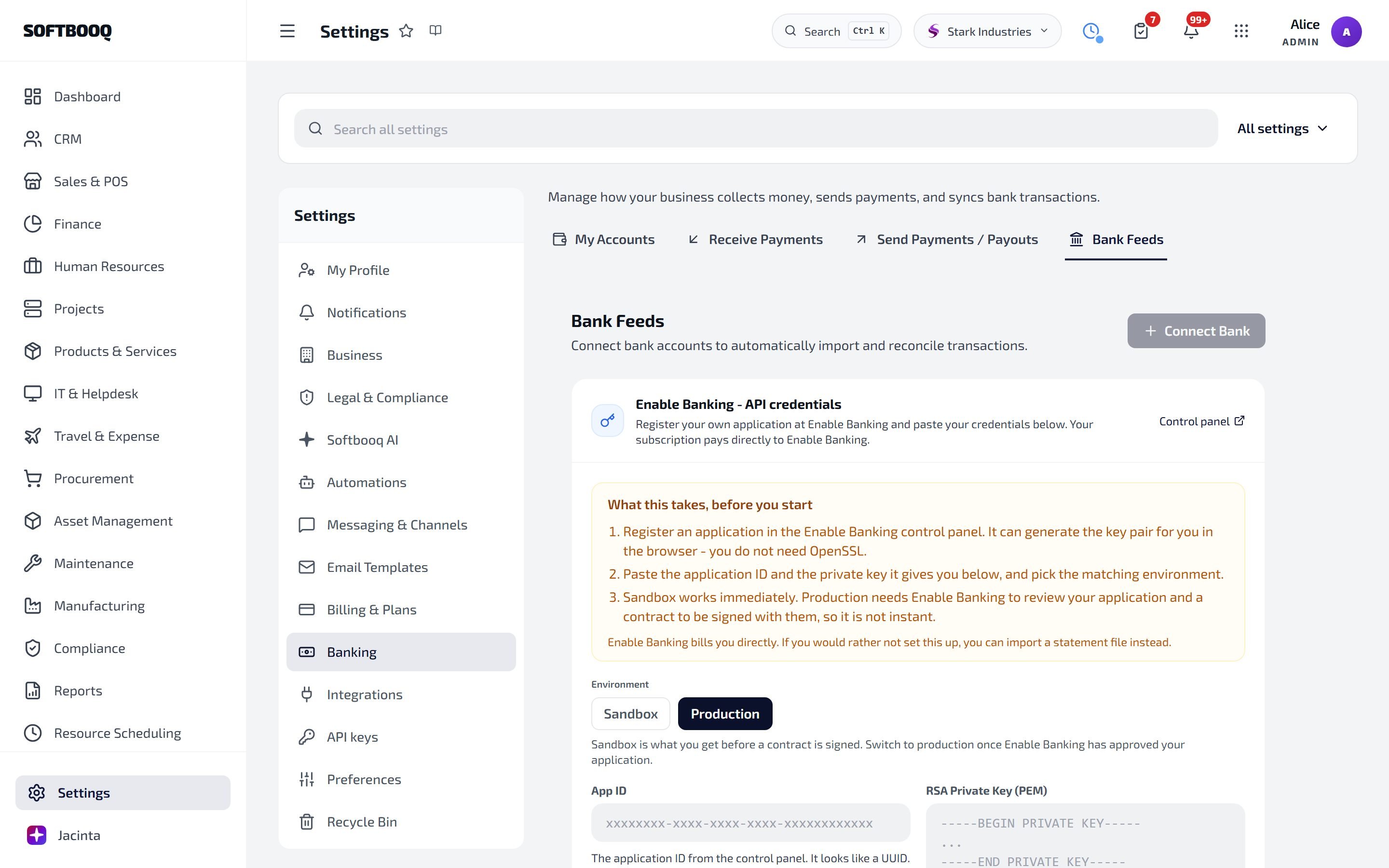 Settings, Banking, Bank Feeds: the Enable Banking API credentials card with its three setup steps, the Sandbox and Production choice, and the App ID and RSA Private Key fields