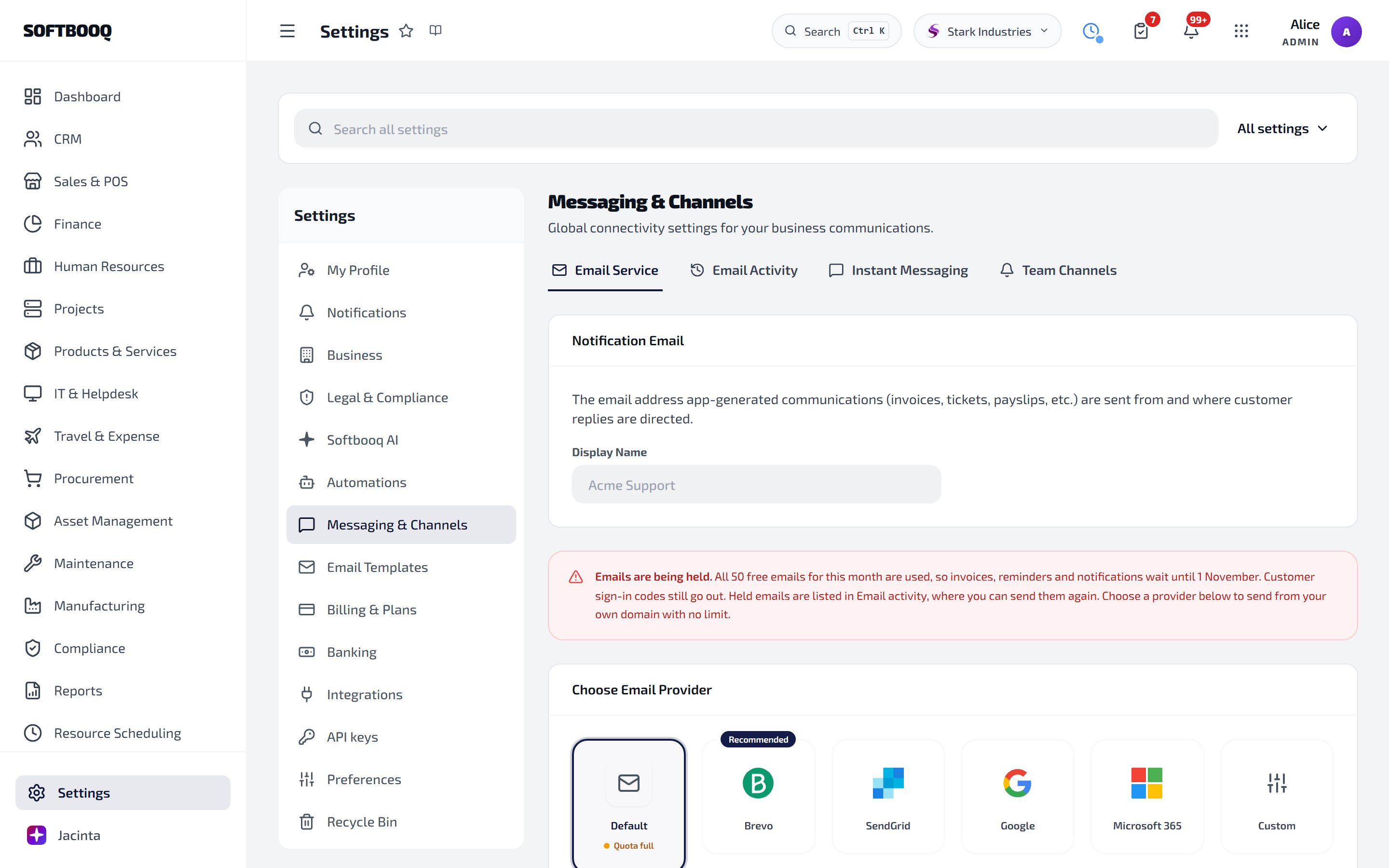 Settings, Messaging & Channels, Email Service: the Display Name, a notice that emails are being held, and the provider choices Default, Brevo (Recommended), SendGrid, Google, Microsoft 365 and Custom