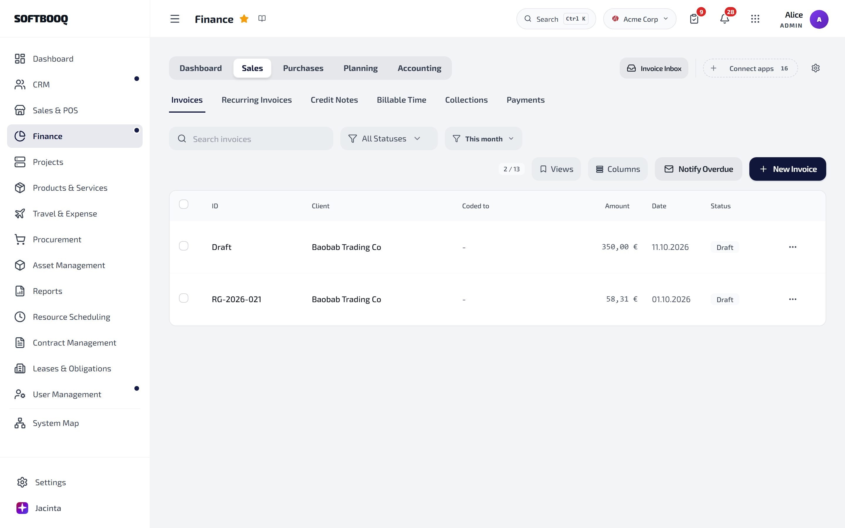 Finance with the five sections along the top and the Sales tabs underneath