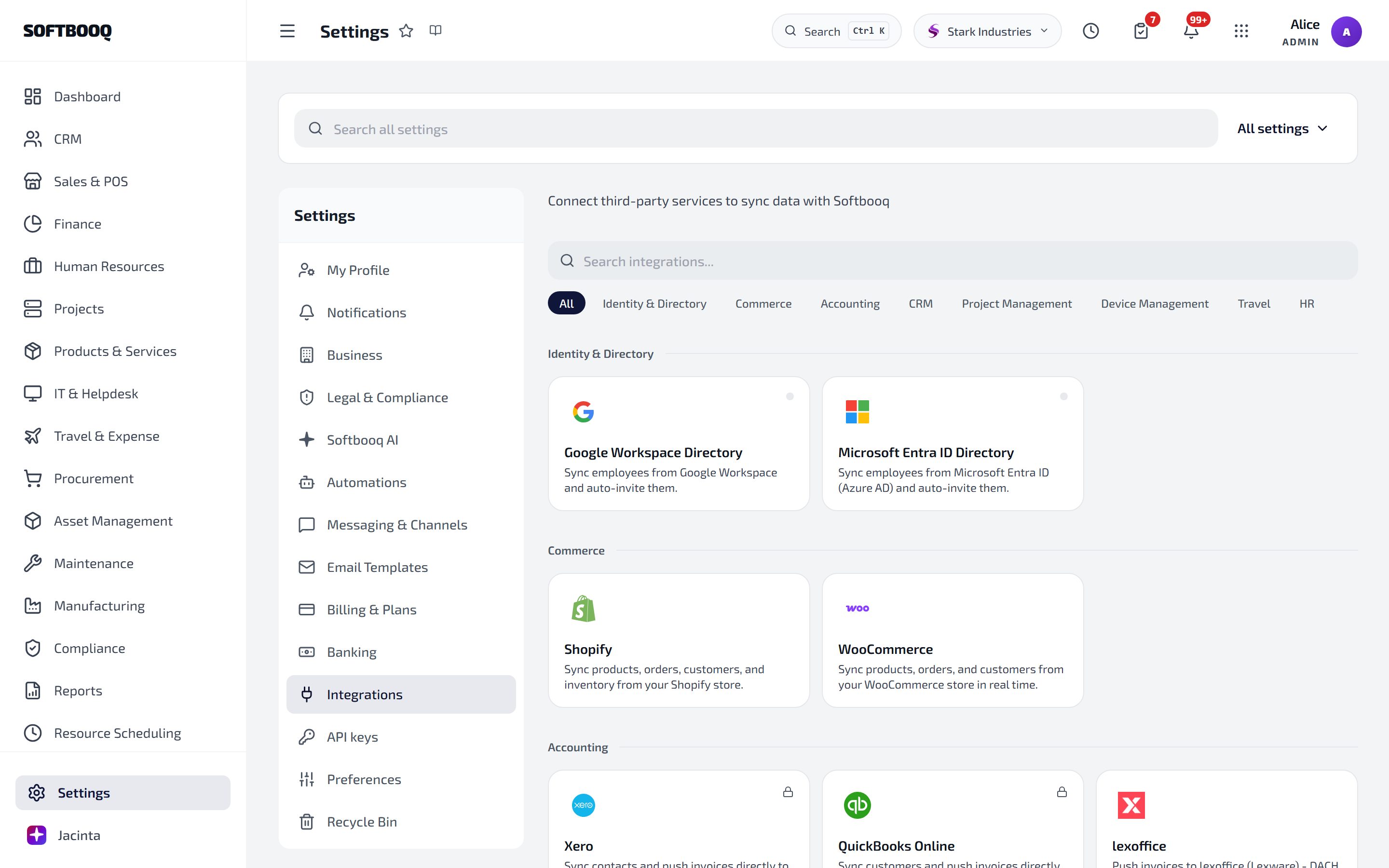 Settings, Integrations: the group chips and the integration tiles