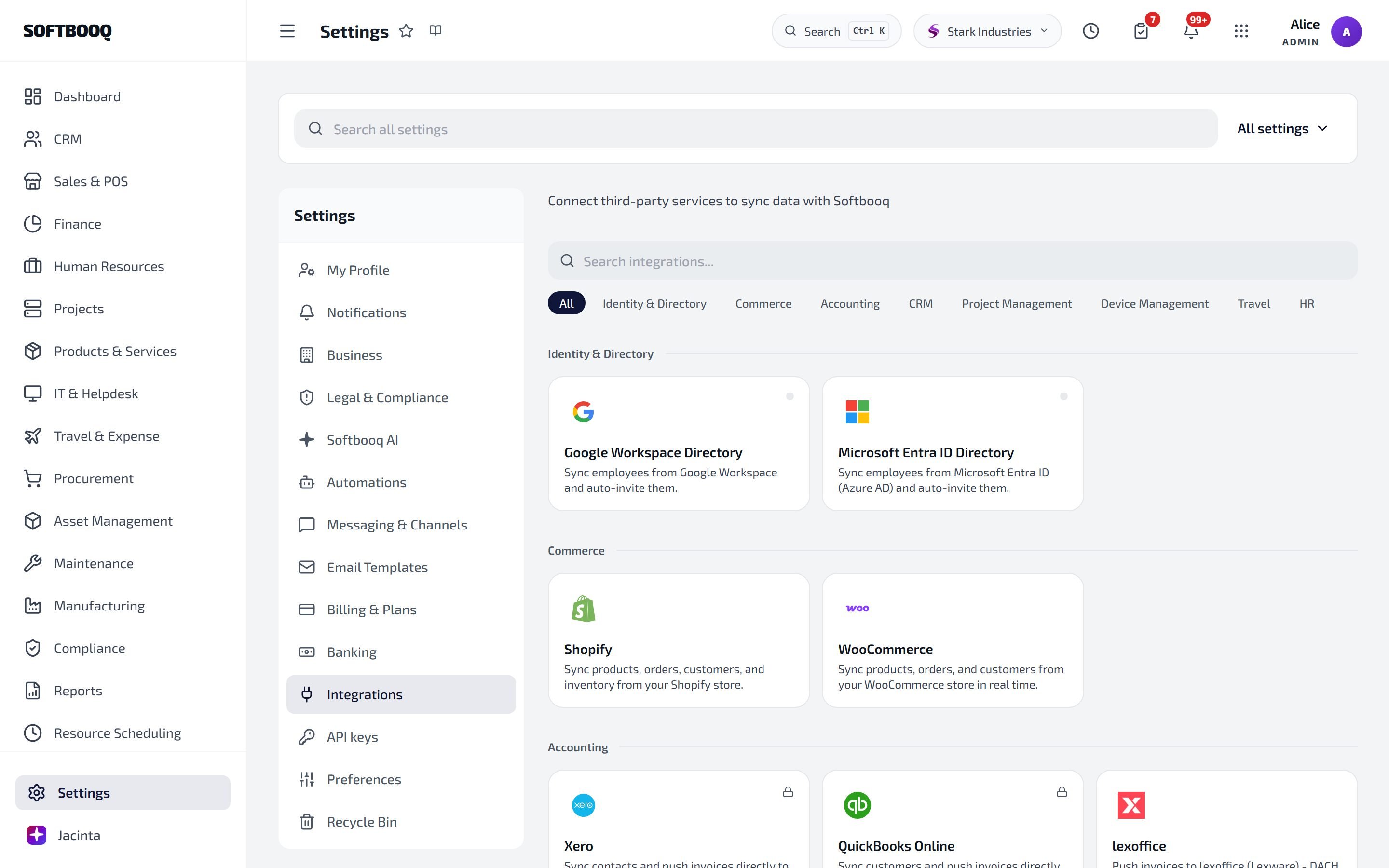 Settings, Integrations: the group chips and the integration tiles