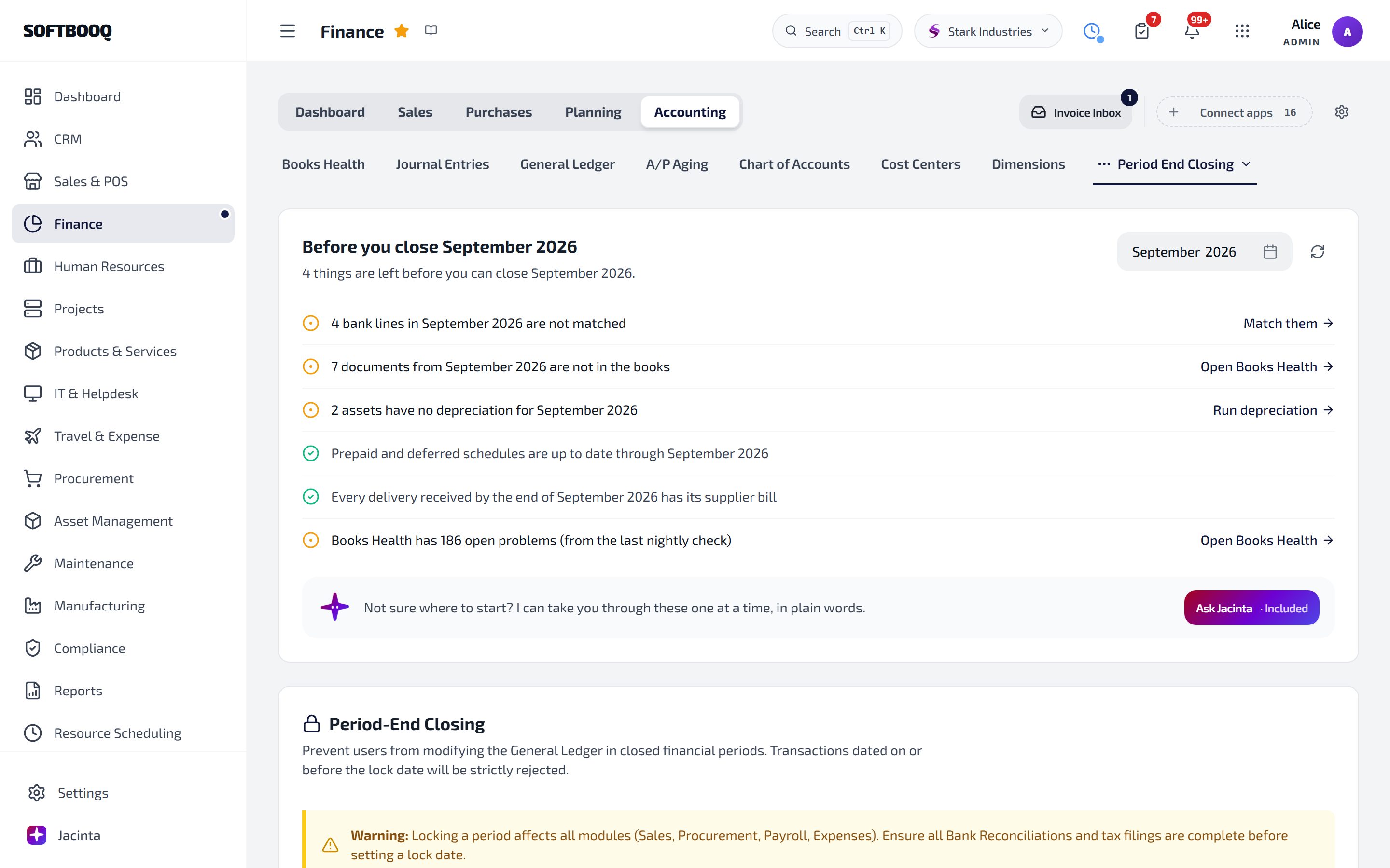 The close checklist for September 2026 with four open lines and their buttons