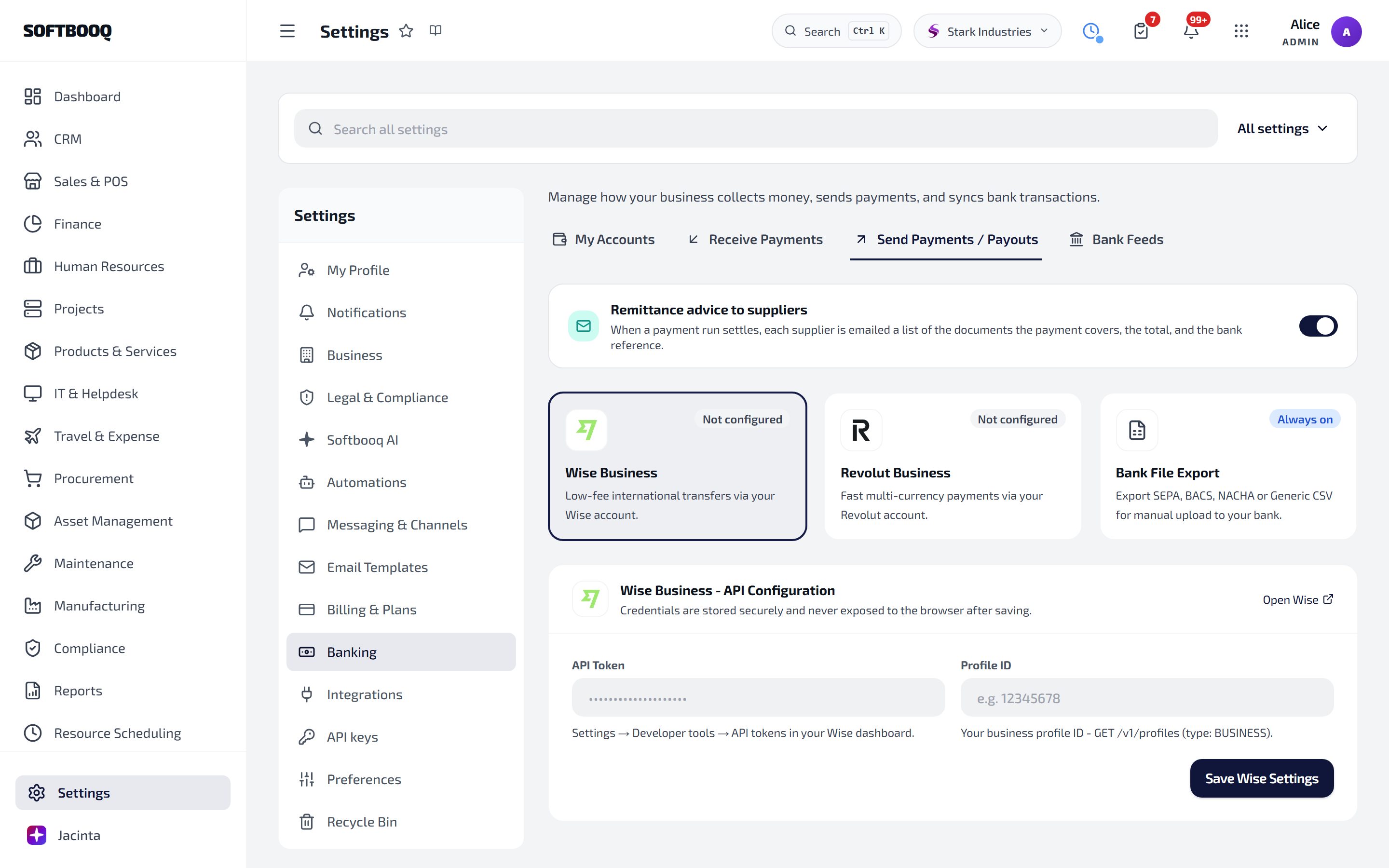 Settings, Banking, Send Payments / Payouts: the remittance advice switch, the Wise Business, Revolut Business and Bank File Export cards, and the Wise API Token and Profile ID fields