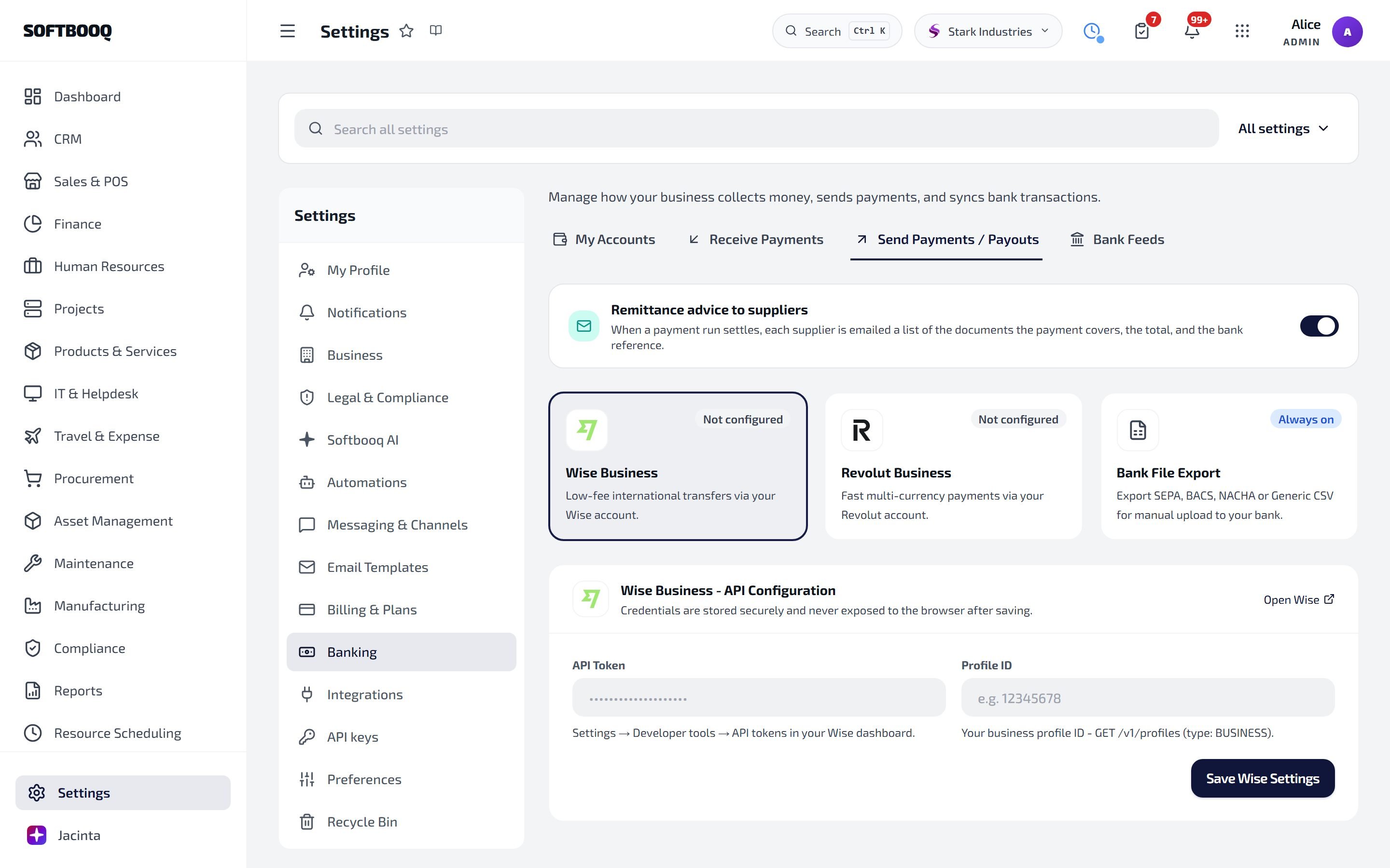 Settings, Banking, Send Payments / Payouts: the remittance advice switch, the Wise Business, Revolut Business and Bank File Export cards, and the Wise API Token and Profile ID fields