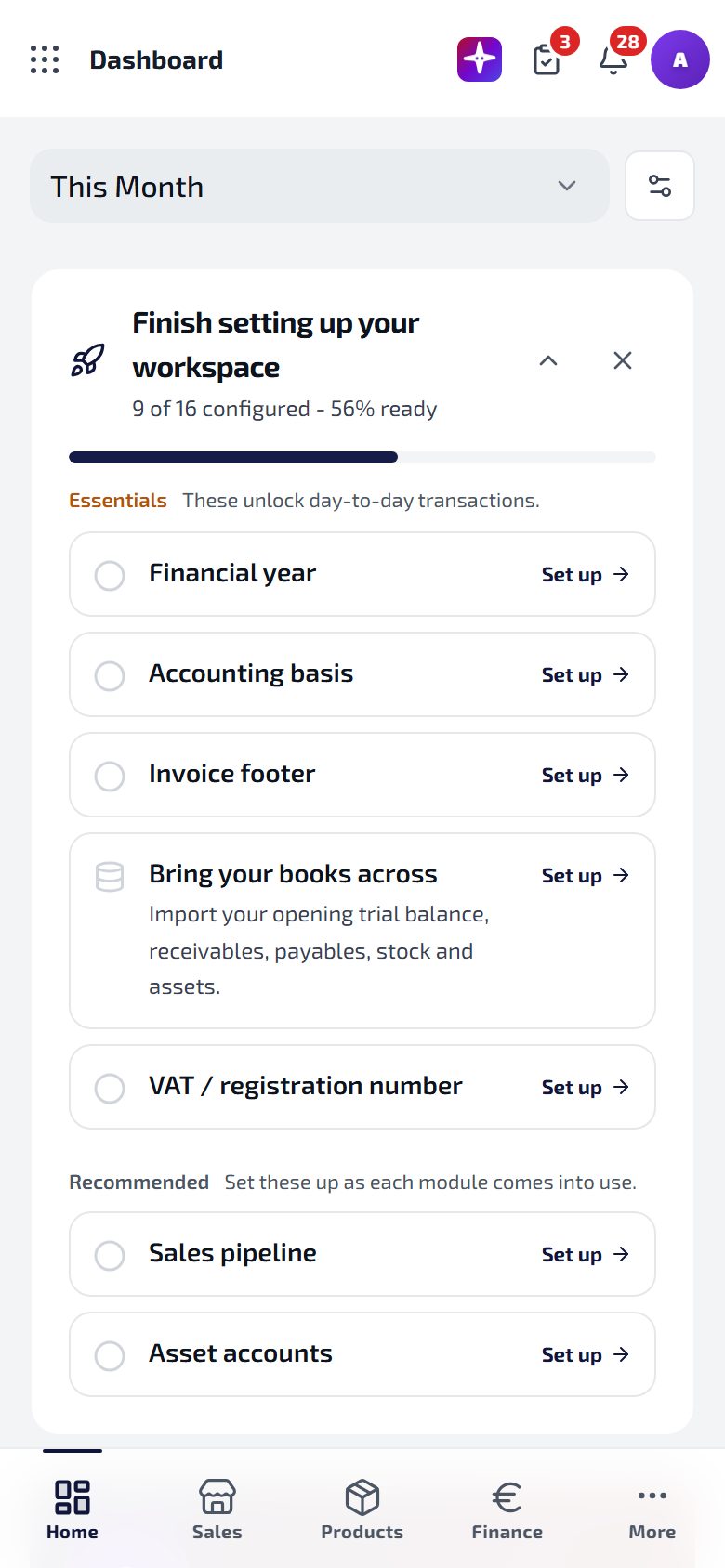 The phone dashboard with the bottom bar: Home, Sales, Products, Finance, More