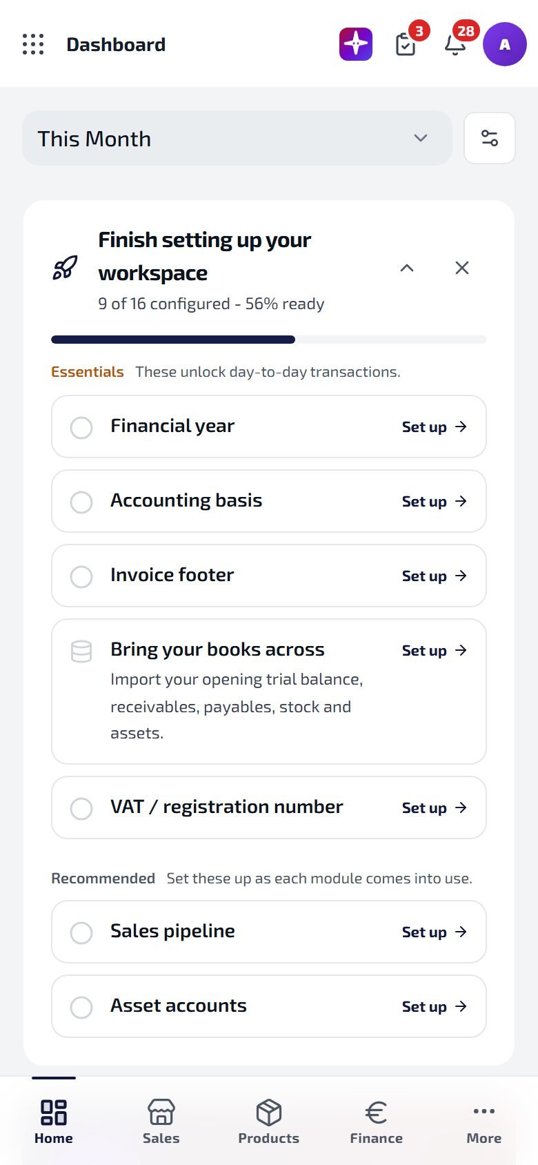 The phone dashboard with the bottom bar: Home, Sales, Products, Finance, More