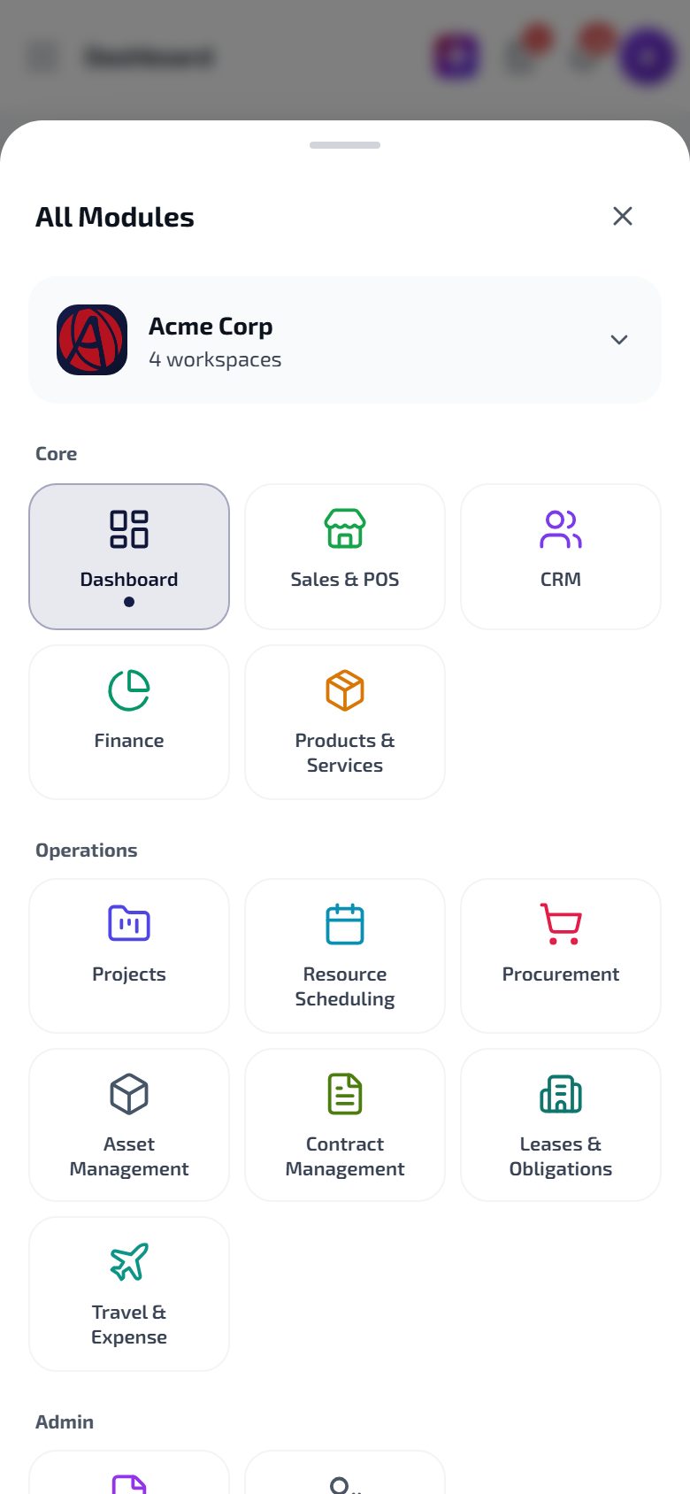 All Modules on a phone, grouped into Core, Operations and Admin
