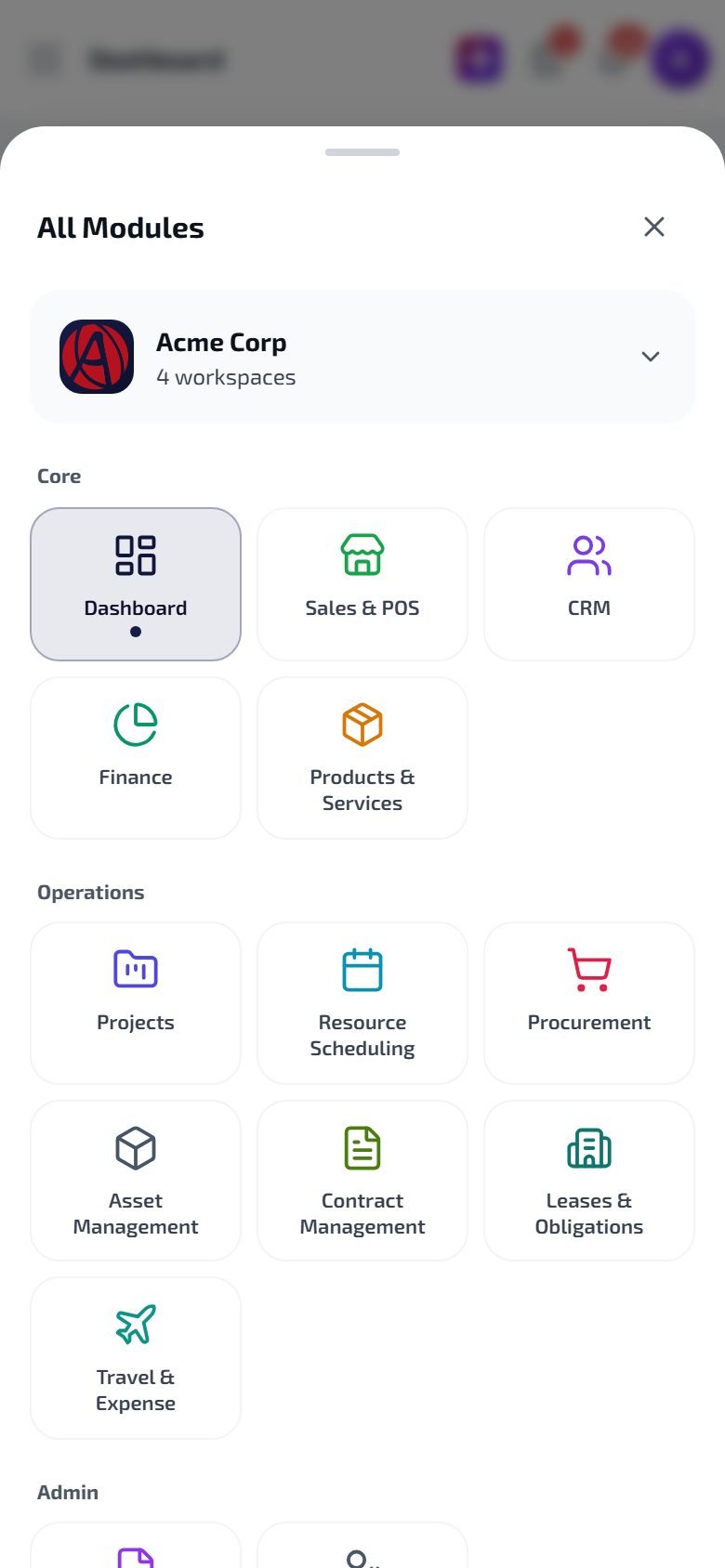 All Modules on a phone, grouped into Core, Operations and Admin