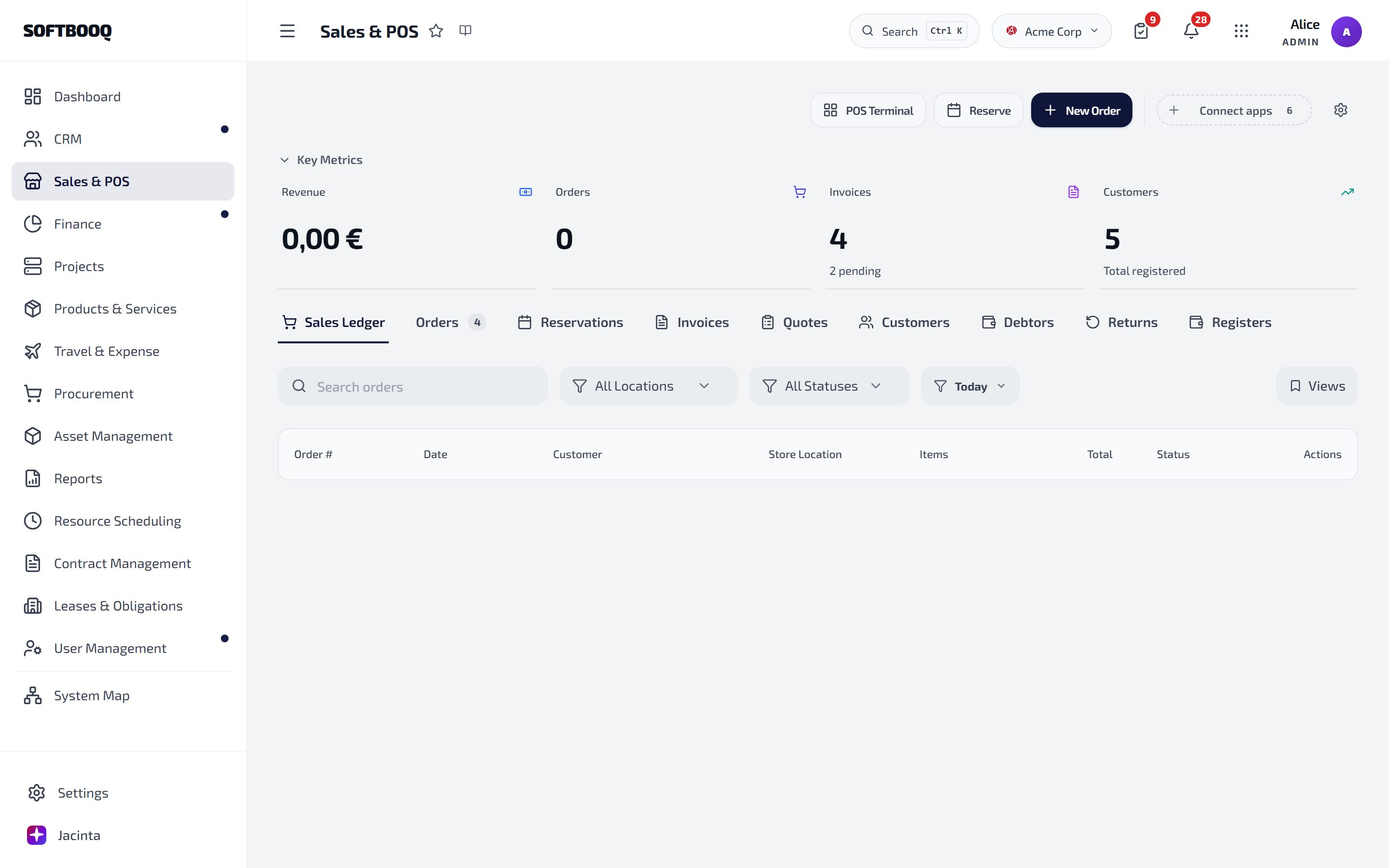 Sales & POS with POS Terminal, Reserve and New Order at the top and the nine tabs