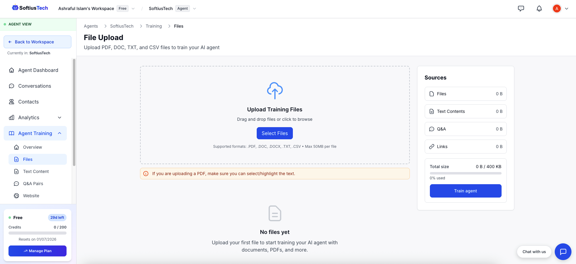 File upload interface for training data