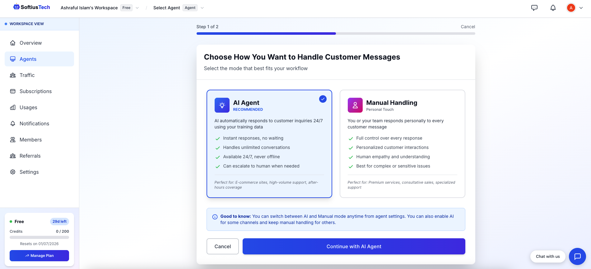 Agent mode selection screen