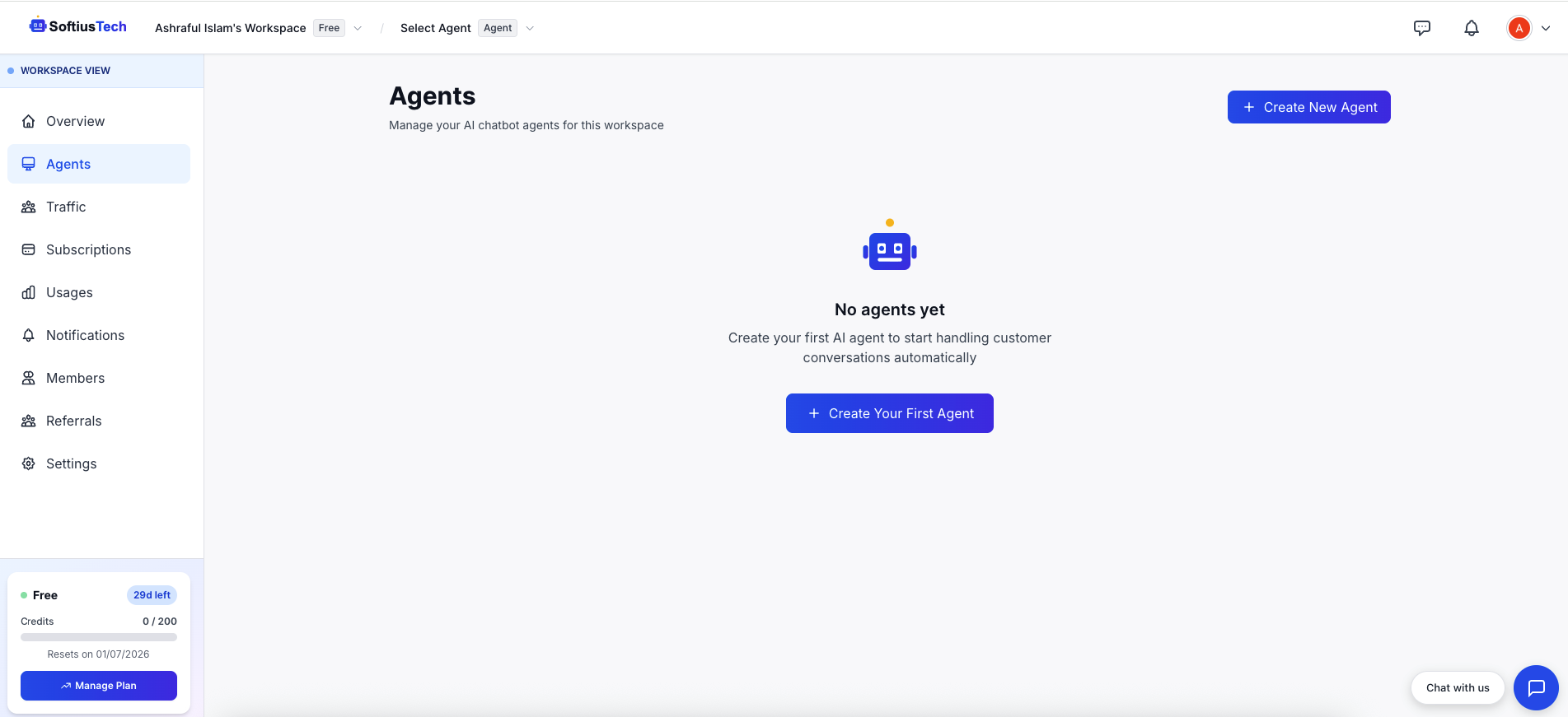 SoftiusTech dashboard with Create New Agent button highlighted