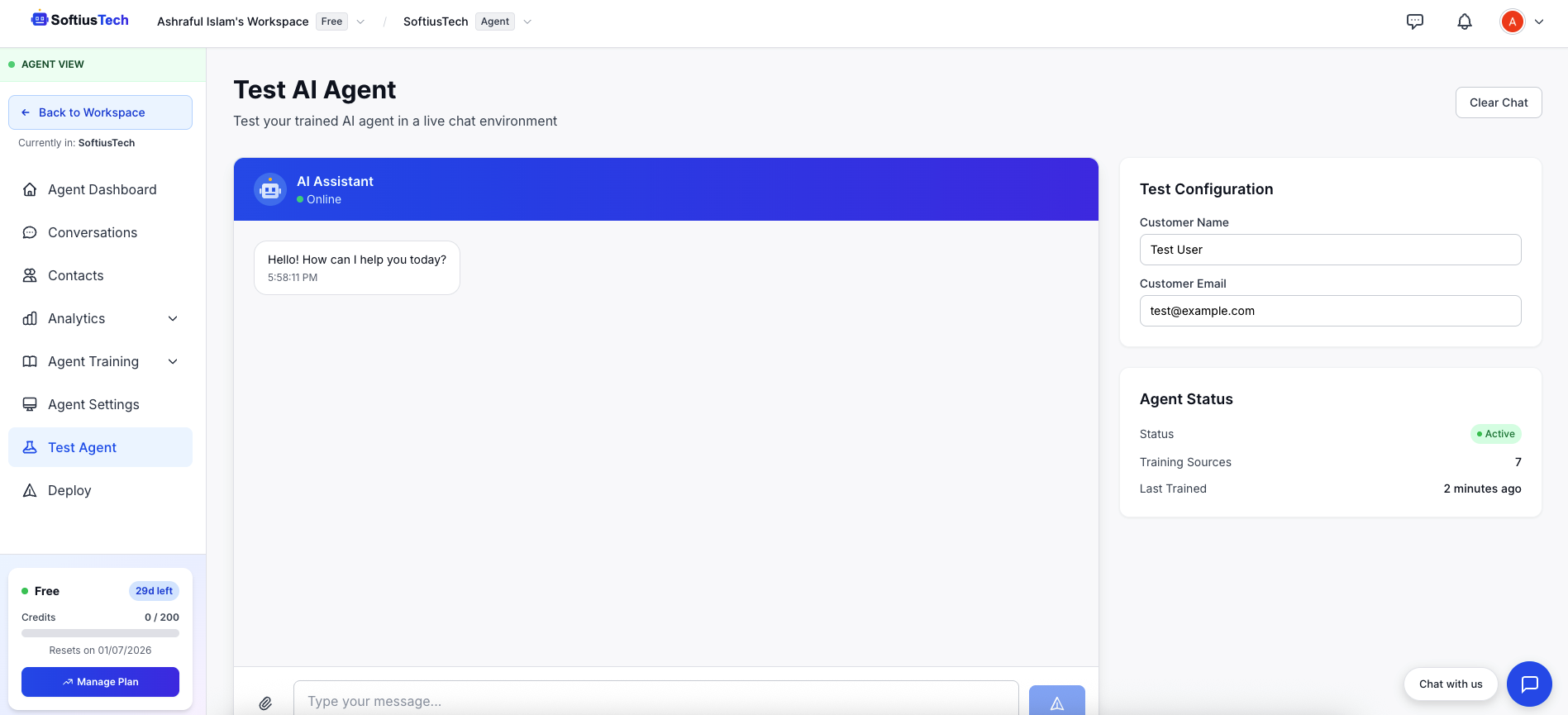 Test Agent page showing chat testing area