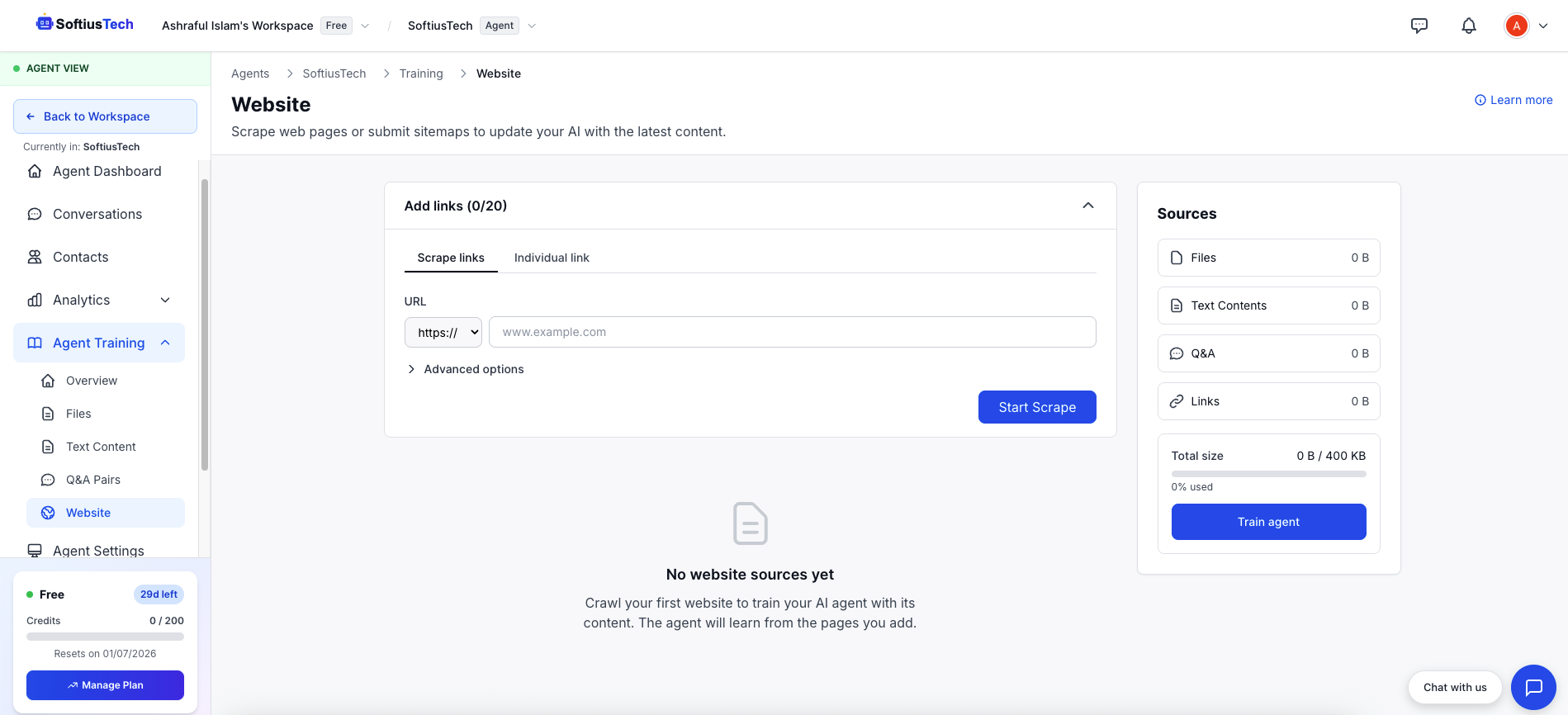 Website crawling interface