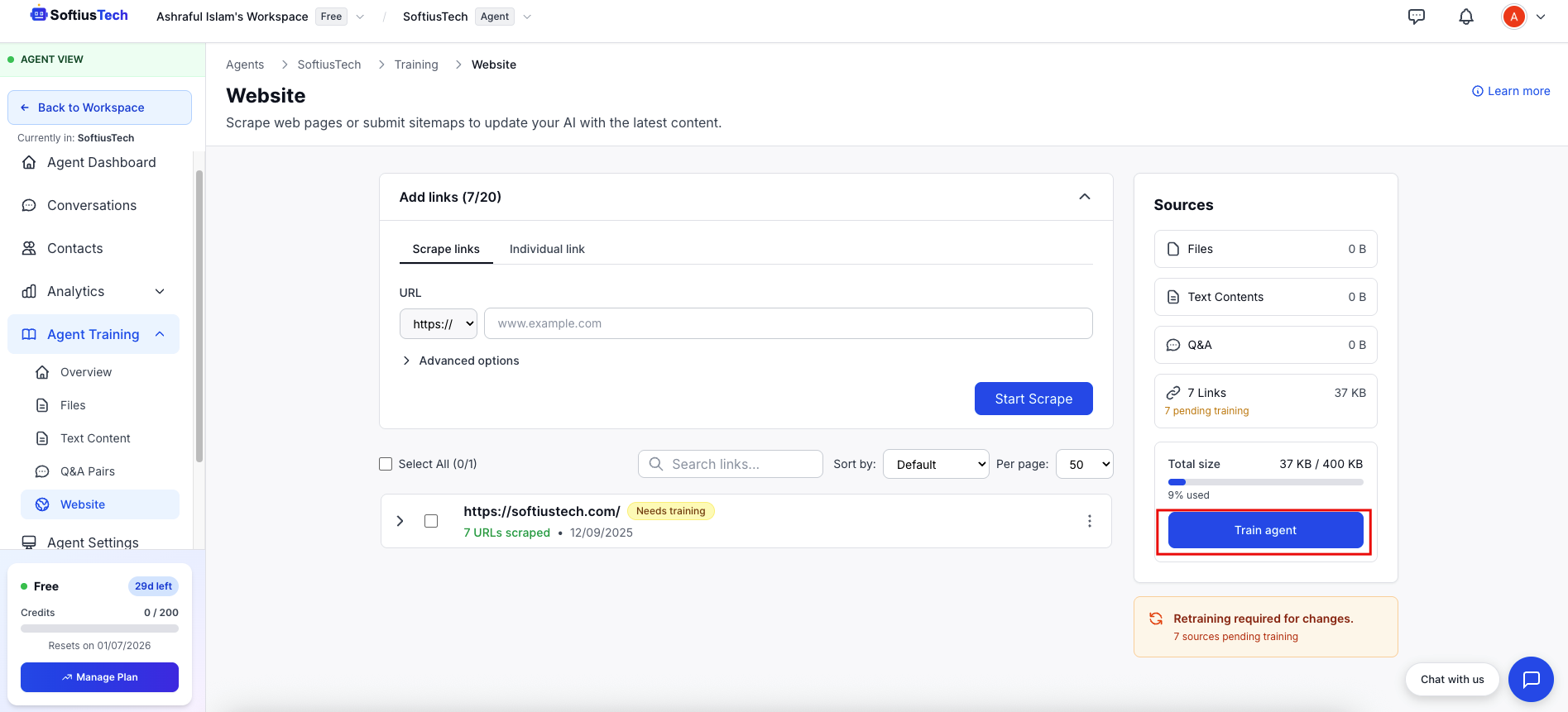 Train Agent button to start training process