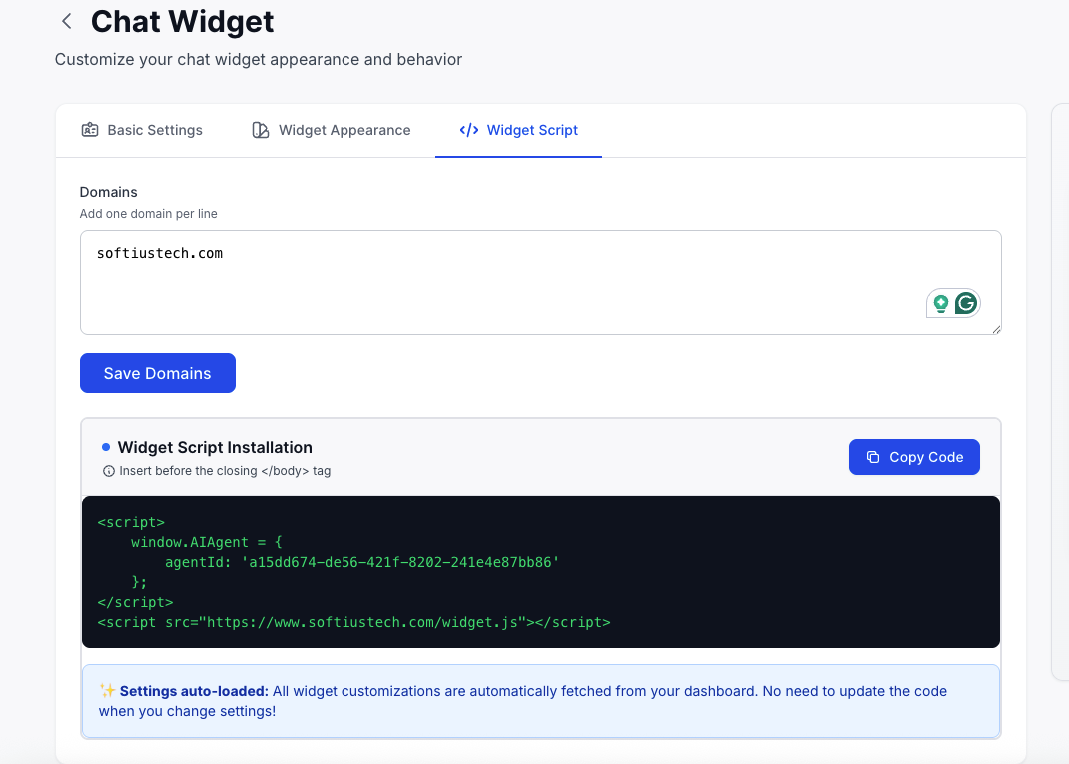JavaScript embed code ready to copy