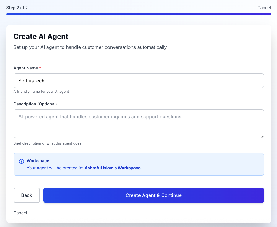 Agent name input screen
