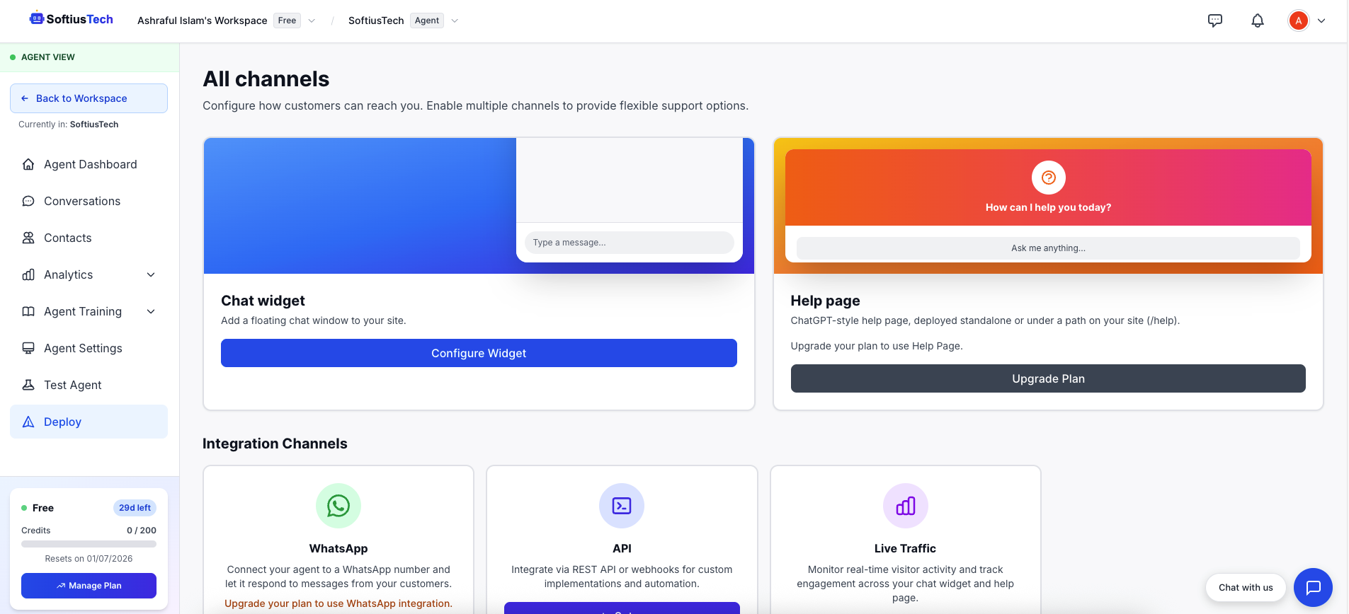Deploy section showing Chat widget card with toggle switch to enable the agent