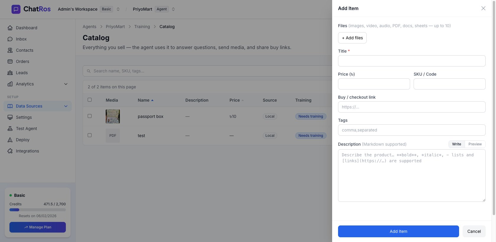 Add Item form with Files, Title, Price, SKU, Buy link, Tags, and Description fields