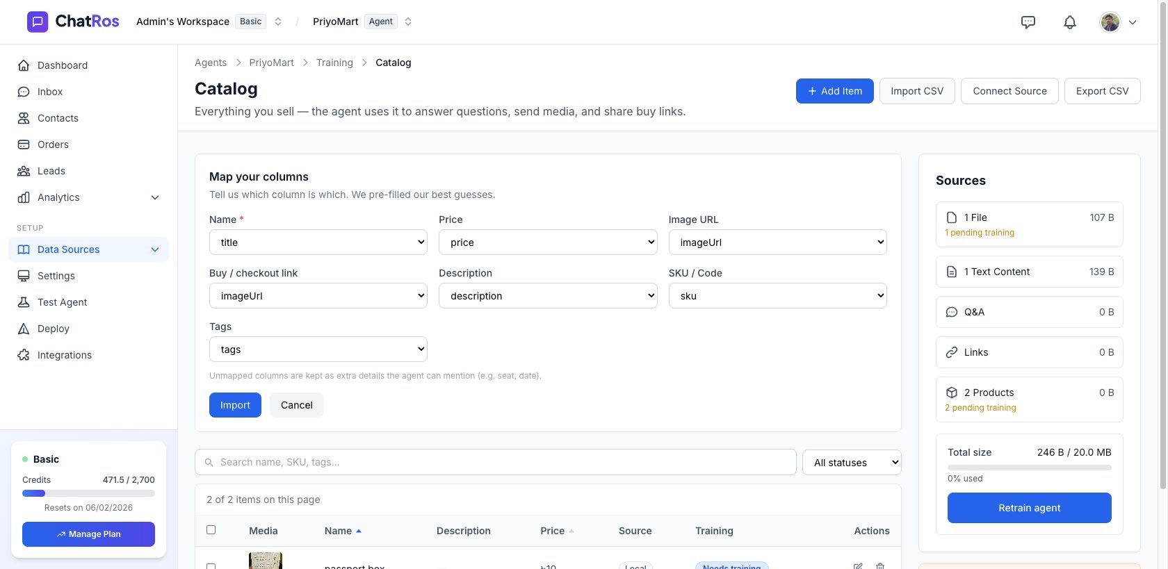 Map your columns screen matching CSV columns to catalog fields