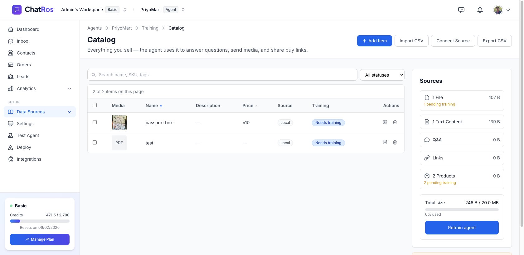 ChatRos Catalog page with product table and Sources panel