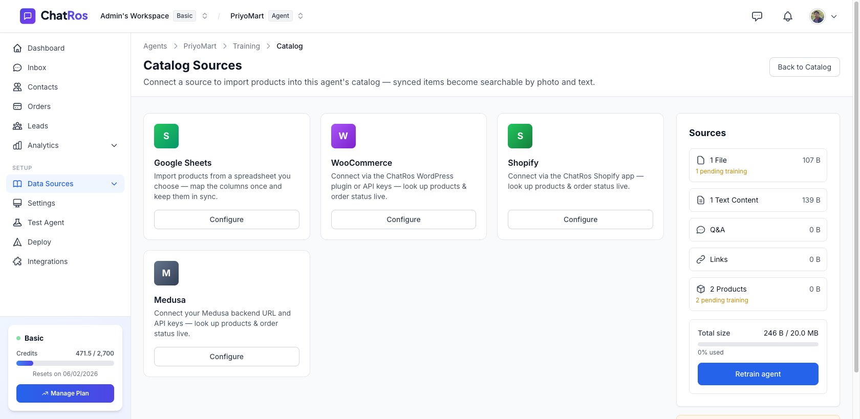 Catalog Sources page with Google Sheets, WooCommerce, Shopify, and Medusa cards