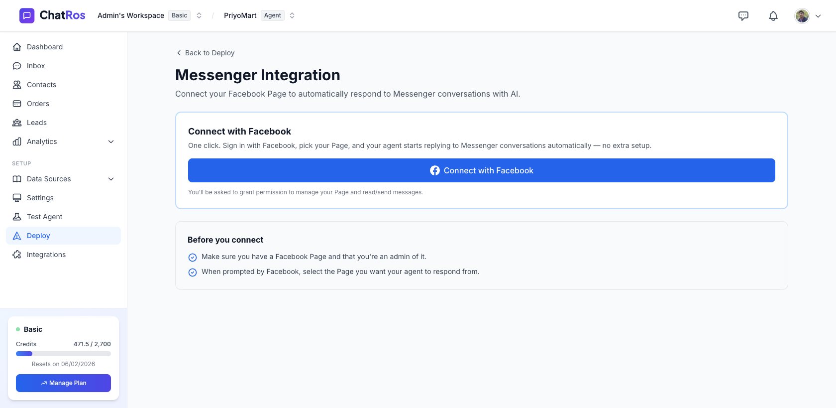 Messenger integration panel with Connect with Facebook button